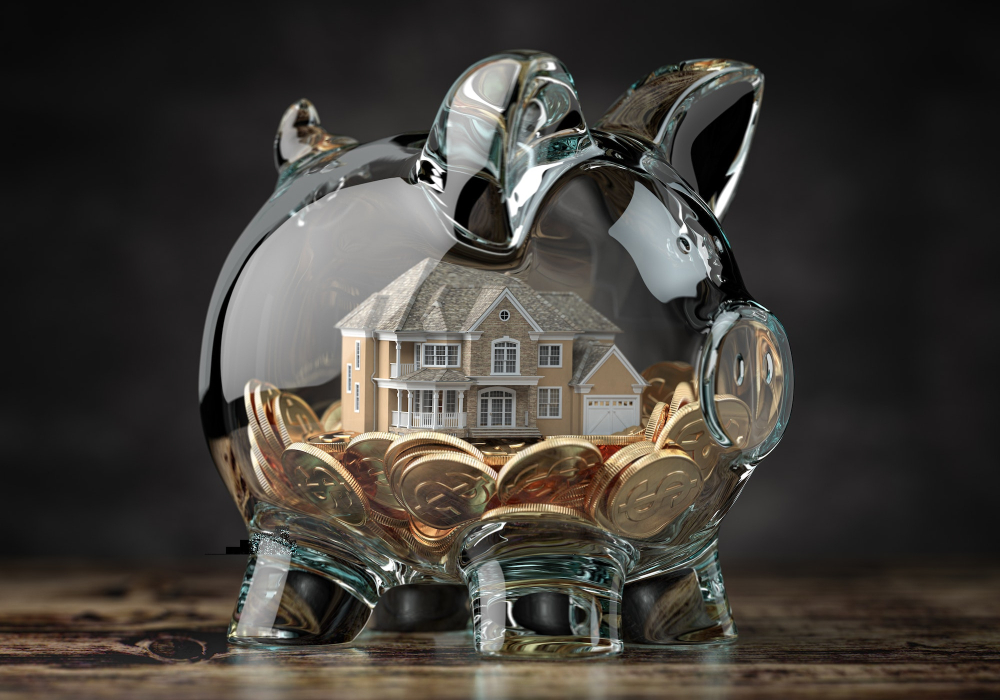 Glass piggy bank with coins and house. Mortgage, savings for real estate or to buy a house concept.